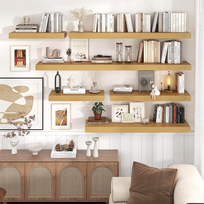 72 Inch Floating Shelves for Wall, 12"D Wood Storage Shelves, Oak Finish