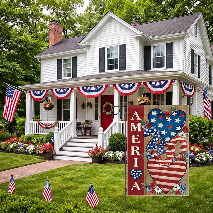 4th of July Garden Flag, 250 Anniversary USA Flag Patriotic America Memorial Day Yard Outdoor Decorations Outside American Heart 250 Years Fourth of July Garden Flag Double Sided Waterproof 12x18 Inch