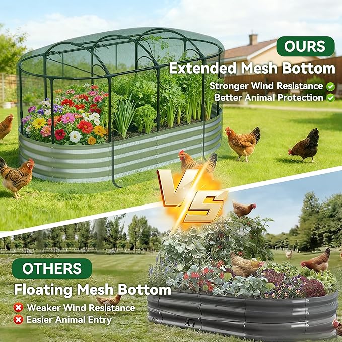Lineware Raised Garden Bed with Self-Watering System, 6x3x1 ft Elevated Planter Boxes Outdoor with Mesh Cover, Oval Galvanized Raised Beds for Gardening,Vegetables,Flowers, Backyard, Patio
