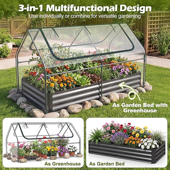 S AFSTAR Raised Garden Bed with Cover, 6FT x 3FT x 3FT Galvanized Bottomless Garden Bed with Greenhouse & Dual Roll-Up Screen Windows, Outdoor Metal Planter Box Kit with Cover (Black & Clear)