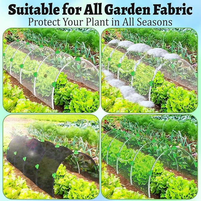 8-Pack Fiberglass Garden Hoops - High Flexibility Never Rust Bending Hoops with 24 Clips & Gloves for Raised Beds, Low Tunnels, Row Covers, Frost Protection & Pest Control (Fits 2-4 ft Wide Beds)