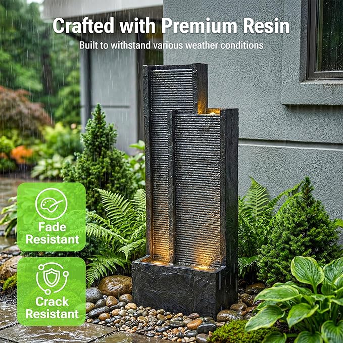 41-Inch Outdoor Water Fountain, Modern Resin Waterfall Fountain with 3 Warm LED Lights, Texture Freestanding Water Feature for Garden, Patio, Yard, Porch, Deck, Lawn, Balcony in Gray, Home Decor