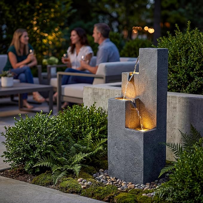33-Inch Modern Outdoor Water Fountain, 4-Tier Resin Garden Waterfall Fountain, with Soothing Water Sound & Warm LED Light, Home Decor for Patio, Yard, Porch, Deck, Lawn or Balcony in Gray