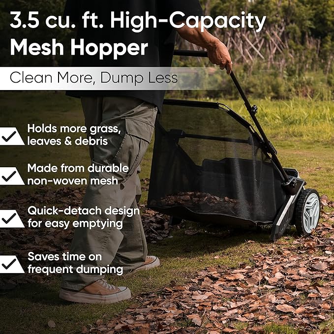 Dapper Supply 21-Inch Push Lawn Sweeper, Grass, Lawn and Leaf Cleanup Collector with Large 3.5 cu. ft. Hopper Bag, Durable Wheels, and Dual Spinning Brushes, Grey