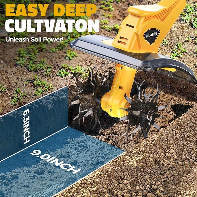 Cordless Tiller Cultivator Compatible with Dewalt 20V (No Battery), Tiller for Gardening 360RPM Electric Garden Tiller, Brushless Rototiller 9" Width 6.3" Depth for Lawn/Soil Cultivation, Yellow