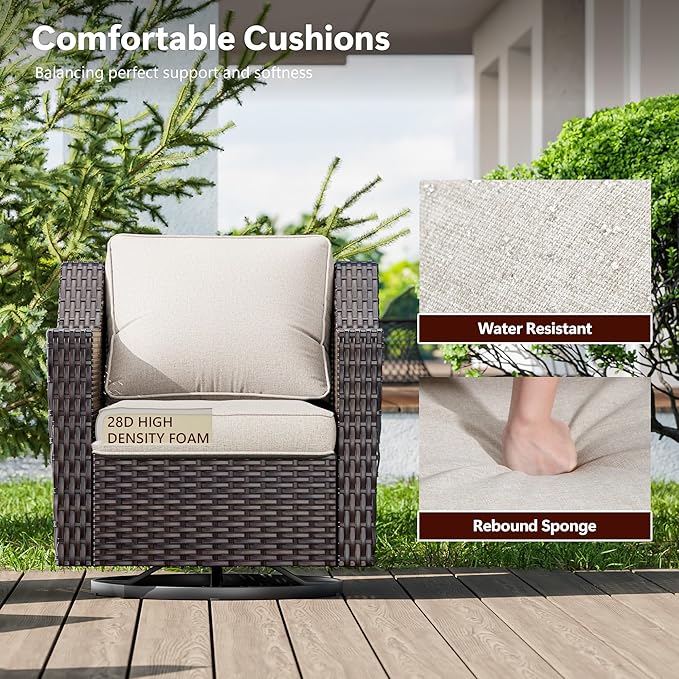 6 Pieces Wicker Patio Furniture, Luxury Outdoor Furniture with 2 Patio Swivel Chair, 3-Seater Sofa, 2 Patio Ottoman and 1 Side Table, Wide Armrest, Thickened Cushions