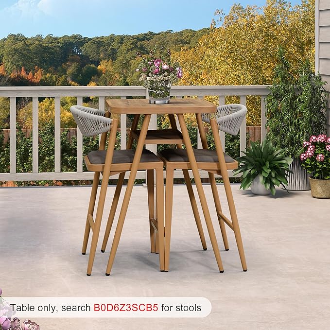 PURPLE LEAF Outdoor Aluminum Counter Height Bar Stools Table with Shelve Pub High Table for Patio Poolside Deep Teak