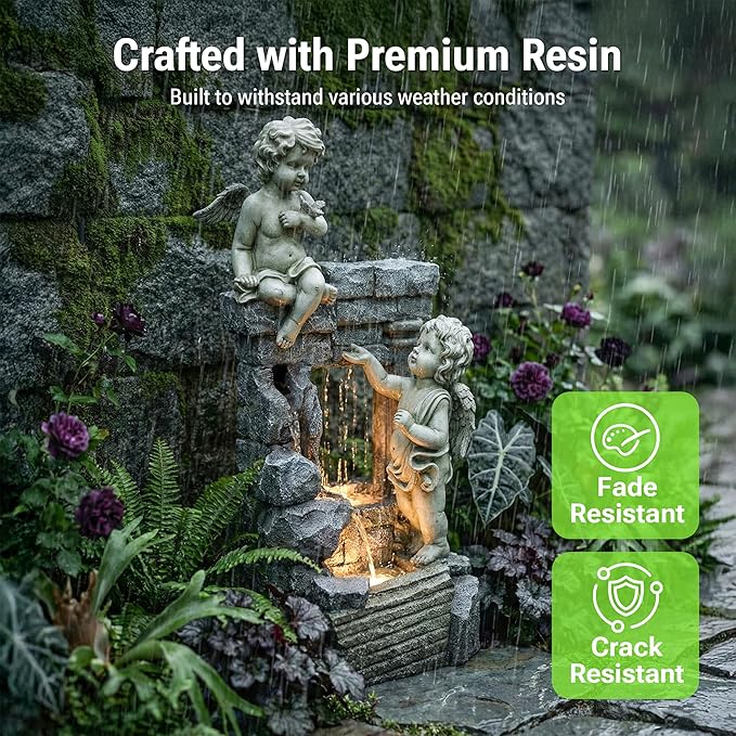 41-Inch Outdoor Water Fountain with Angels Statues, Cascading Stone-Look Resin Waterfall Fountain with 2 Warm LED Lights, Home Art Decor for Garden, Patio, Yard, Balcony, Deck, Lawn in White