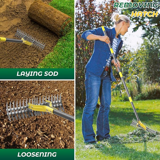 Thatch Rake,70 Inch Heavy Duty Lawn Thatching with Adjustable Stainless Steel Handle,Multiple Garden Rake for Leaves,Lawn Loosening Soil,Backyard,Garden