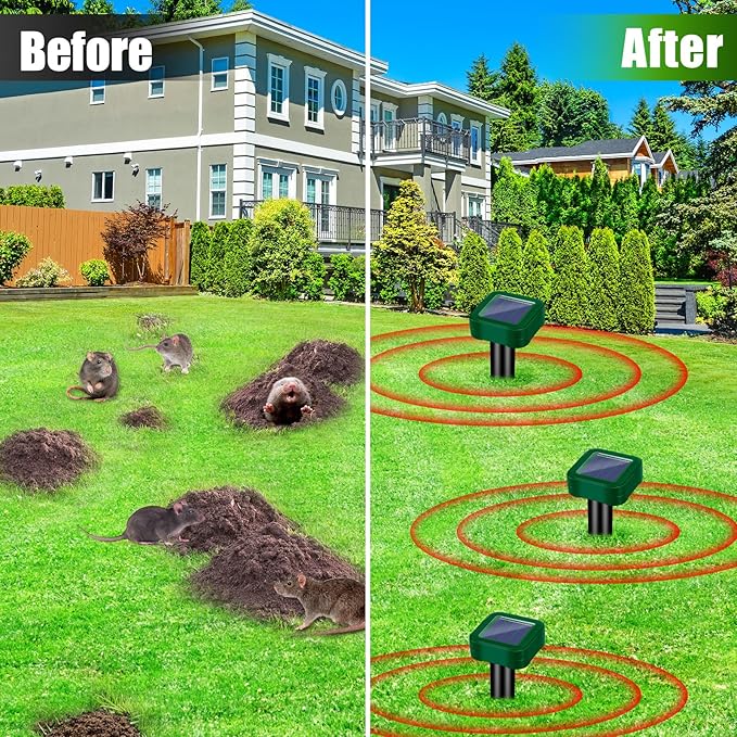 2026 New Mole Repellent Solar Powered, IP65 Waterproof Ultrasonic Gopher Repellent Snake Repellent for Yard Lawn Garden, Groundhog Vole Chipmunk Armadillo Squirrel Rodent Deterrent Stakes,8 Pack