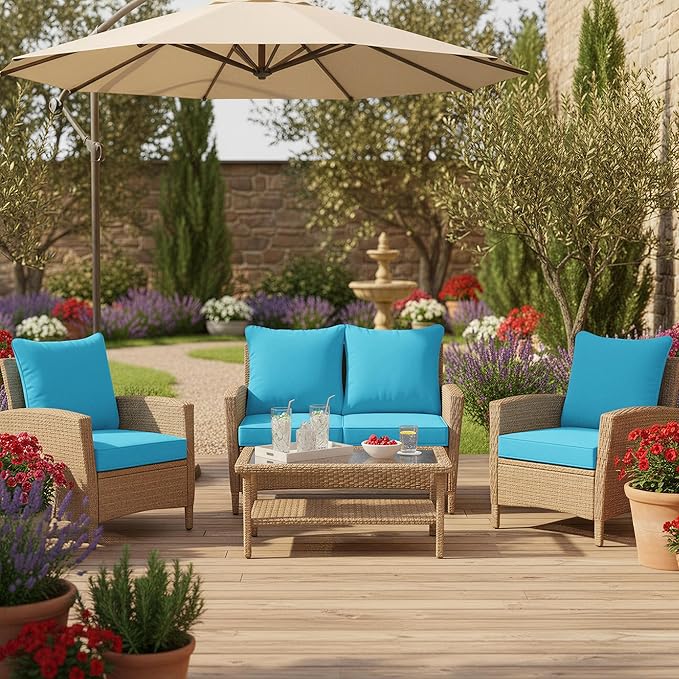 Summsun Outdoor Chair Cushions Set of 4, Waterproof Backrest and Seat Cushion Set for Patio Furniture, Outdoor Replacement Cushions with Removable Cover, 19 x 19 Inch, Teal