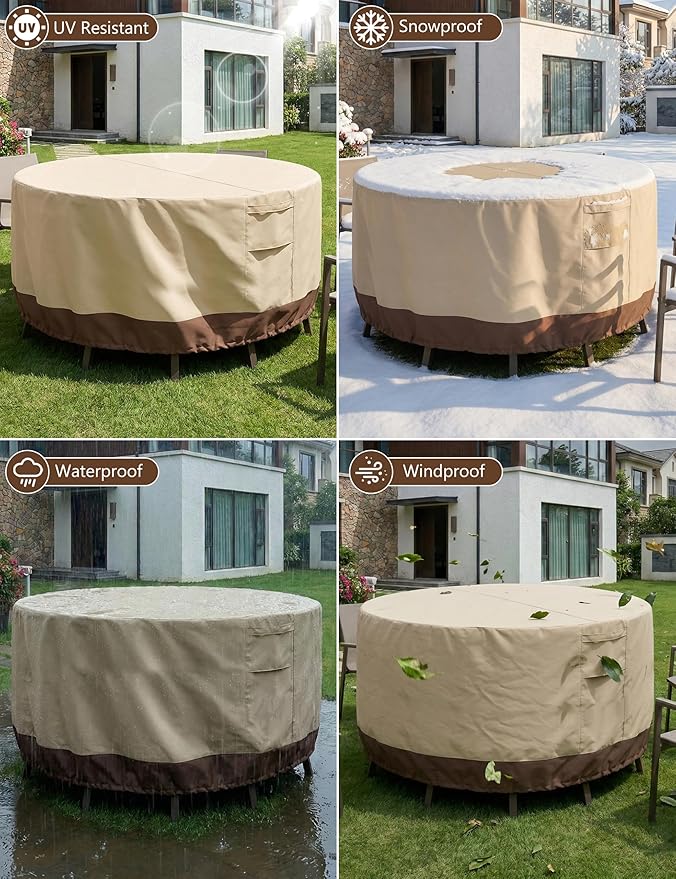 Vailge Patio Furniture Covers Round, Outdoor Furniture Covers Waterproof Windproof, 600D Oxford Outdoor Patio Table and Chair Cover(Beige&brown, 72"DIAx28"H)