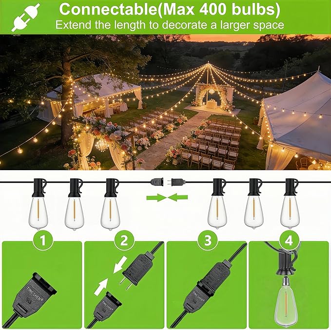 100FT Outdoor String Lights, Waterproof Patio Lights with Shatterproof ST38 Vintage Edison Bulbs, Connectable Outside Hanging Lights for Backyard, Porch, Deck, Balcony, Garden, 2700K Dimmable
