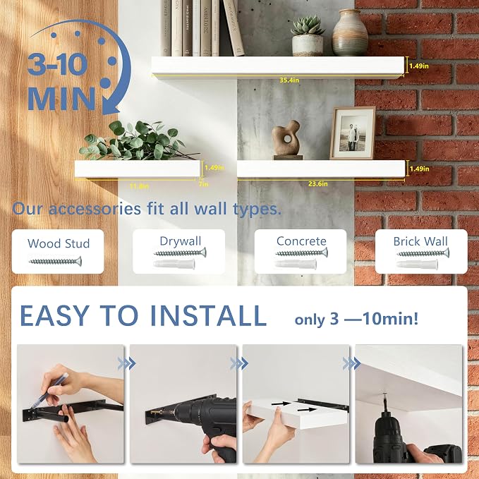 White Floating Shelves for Bathroom, 12 Inch Wooden Shelf Set of 4 | Space Saving Wall Shelves, 33lbs Max Load, Hidden Brackets, Easy Install, Wood Grain Finish, Bedroom Living Room Decor