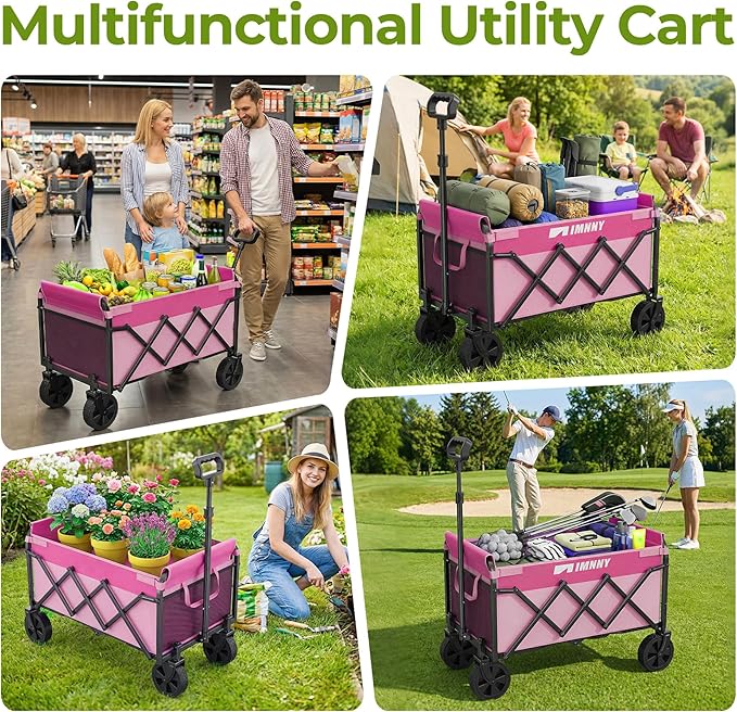 Pink Collapsible Wagon Cart, Lightweight Folding Utility Cart with Wheels, 220lbs Capacity Portable Grocery Cart for Sporting Events, Garden, Shopping (Pink)