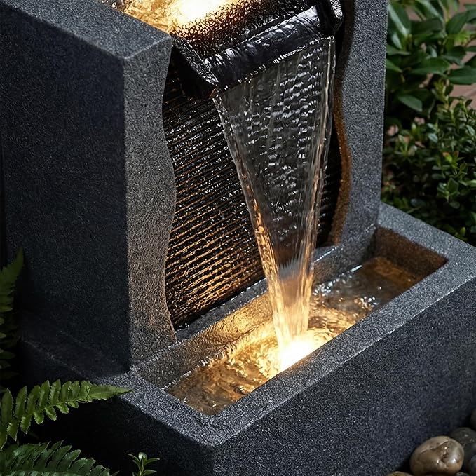 39-Inch Outdoor Water Fountain, 4-Tier Modern Cascading Resin Waterfall Fountain with 3 LED Lights, Indoor & Outdoor Water Feature for Garden, Patio, Backyard, Deck, Porch, Balcony in Black
