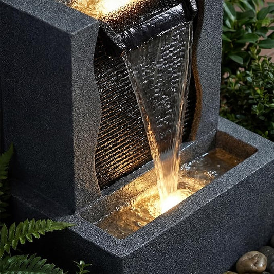 39-Inch Outdoor Water Fountain, 4-Tier Modern Cascading Resin Waterfall Fountain with 3 LED Lights, Indoor & Outdoor Water Feature for Garden, Patio, Backyard, Deck, Porch, Balcony in Black