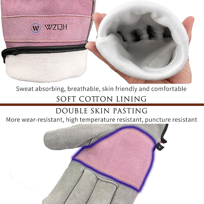 WZQH Leather Work Gloves for Men or Women. Small Glove for Gardening, Tig/Mig Welding, Construction, Chainsaw, Farm, Ranch, etc. Cowhide, Cotton Lined, Utility, Firm Grip, Durable. Pink-Grey S