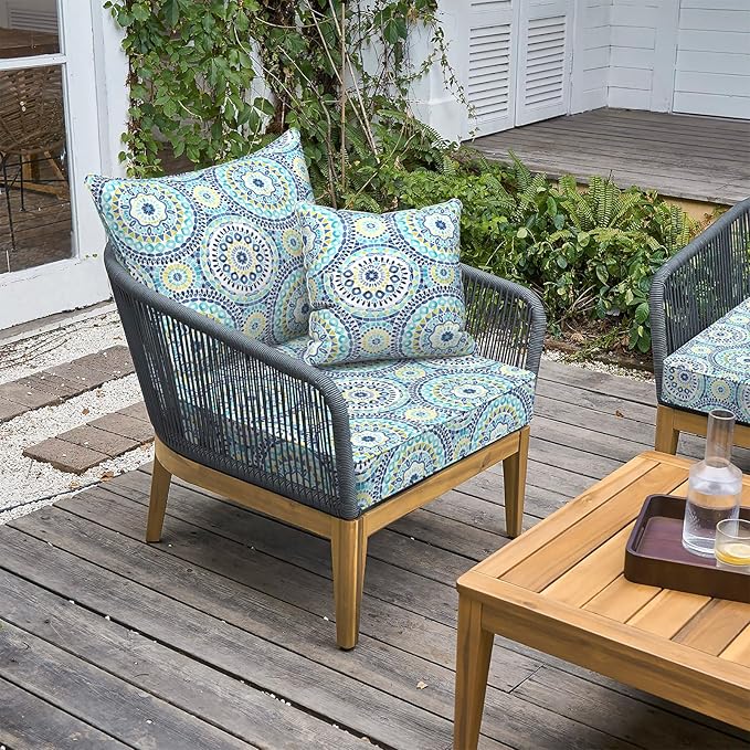 LVTXIII Outdoor Deep Seat Cushion Patio Seat and Back Cushion Set Seasonal Chair Cushion with Removable Cover and Adjustable Buckle for Home and Garden, 24"x24"x4", Delancey Lagoon