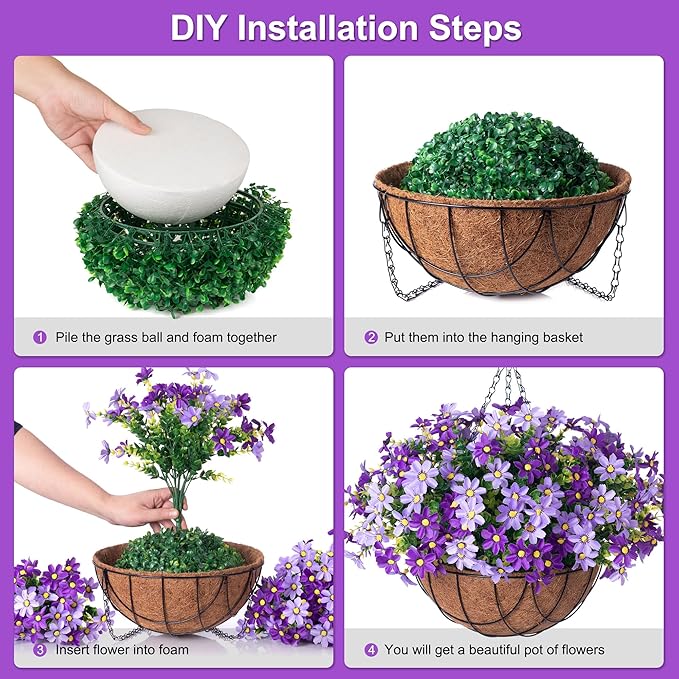 INXUGAO Artificial Flowers with Hanging Planter for Outdoors, Faux Silk Daisy Flower UV Resistant Plants in Basket Indoor Porch Garden Yard Spring Summer Decor(Purple)