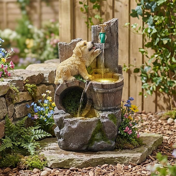 20-Inch Outdoor Water Fountain, 3-Tier Rustic Barrel Puppy and Pump Resin Waterfall Fountain with 2 LED Lights, Water Feature for Farmhouse, Garden, Patio, Backyard, Deck, Lawn in Brown
