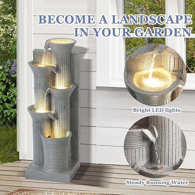 Grepatio Outdoor 5-Tiers Cascading Water Fountain, Garden Waterfalls Fountain with LED Lights, 24" H Modern Indoor Floor Standing Water Fountains with Pump for Patio, Yard, Deck Decor (Light Grey)