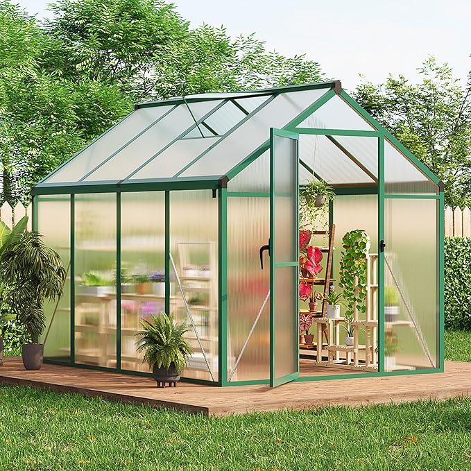 Garvee 6 x 8 ft Greenhouse, Greenhouses for Outside, Polycarbonate Greenhouse with Aluminum Frame, Lockable Door and Ajustable Roof Vent for Backyard, Green Houses for Outside Garden Backyard, Patio