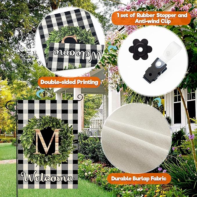 Baccessor Monogram Letter B Garden Flag 12.5 x 18 Inch, Buffalo Plaid Family Last Name Initial Boxwood Wreath Welcome Vertical Double Sided Small Flags for Outdoor Outside Decoration