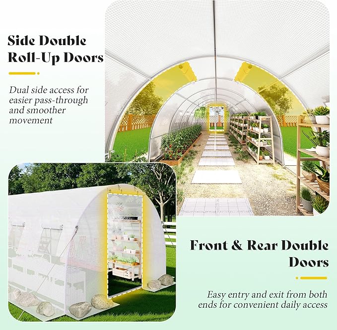AMERLIFE Large Walk-in Tunnel Greenhouse 10×44 FT with Watering System, Heavy Duty Greenhouse with 4 Support Poles, Front/Back Doors, Mesh Windows, Galvanized Steel Frame & UV-Proof PE Cover White