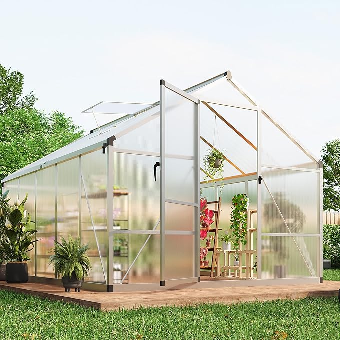 Garvee 8 x 10 ft Greenhouse, Greenhouses for Outside, Polycarbonate Greenhouse with Aluminum Frame, Lockable Door and Ajustable Roof Vent for Backyard, Green Houses for Outside Garden Backyard, Patio