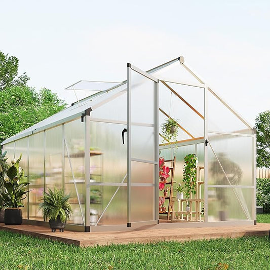 Garvee 8 x 10 ft Greenhouse, Greenhouses for Outside, Polycarbonate Greenhouse with Aluminum Frame, Lockable Door and Ajustable Roof Vent for Backyard, Green Houses for Outside Garden Backyard, Patio