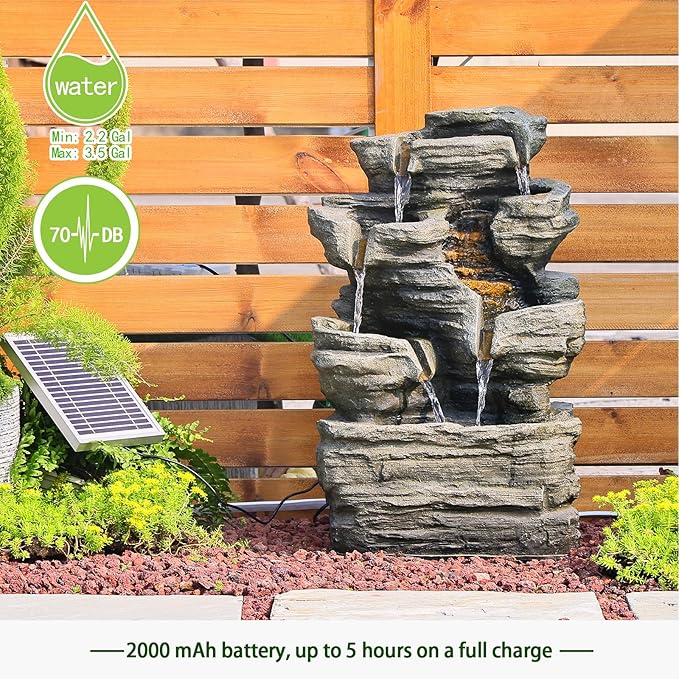 Bumilgar 6 Tier Cascading Rock Solar Water Fountain Outdoor Garden Waterfall Decor for Garden, Patio, Backyard, Deck, Porch and Home Art Decor,24.4" H Outdoor Fountain with LED Lights