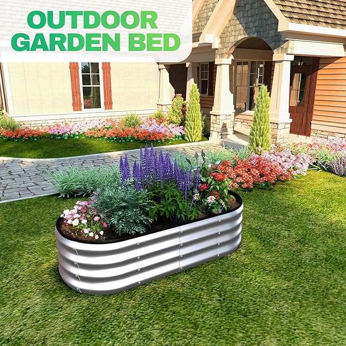 4x2x1 ft Oval Galvanized Metal Raised Garden Beds, Thickened Rust-Proof Flower Beds, Outdoor Plant Planter Boxes(Silver, 2PCS)