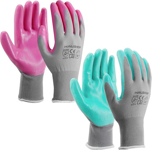 HAUSHOF Gardening Gloves for Women Ladies Thorn Proof 6-Pairs Work Gloves, Women's Breathable Garden Gloves Nitrile Coated with Texture for Yard Work, Pink & Green Large Size