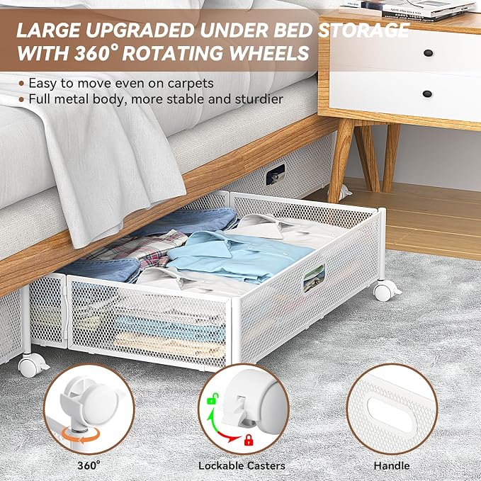 PHINOX Under Bed Storage with Wheels & Handle,Metal,Large,4 Pack,White