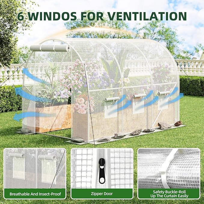Superlele 10x7x7FT Tunnel Greenhouse for Outdoors, Heavy Duty Walk in Greenhouse, Large Garden Green House with Reinforced PE Mesh Cover, 6 Windows with Screen, Stakes and Ropes, White