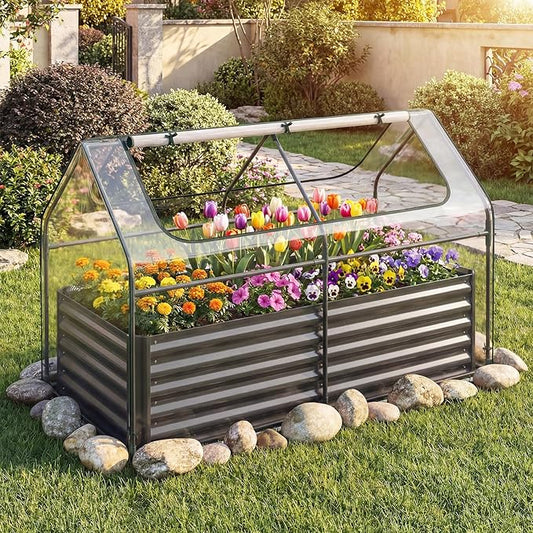 S AFSTAR 3-in-1 Raised Garden Bed with Greenhouse Cover, 6FT x 3FT x 4FT Galvanized Bottomless Planter Box Kit with Dual Roll-Up Screen Windows, Outdoor Mini Greenhouse for Vegetables (Black & Clear)