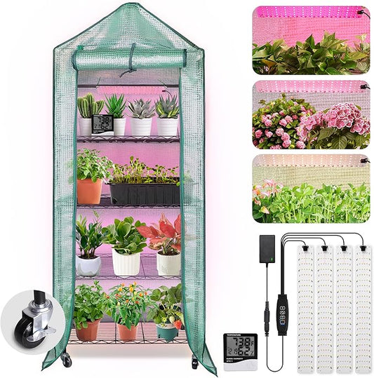DazSpirit Mini Indoor Greenhouse with Grow Light, Portable 4-Tier Plant Stand with PVC Cover, Adjustable Shelves & Thermohygrometer for Seed Starting & Plant Growth, 70 x 23 x 19'', 32W Grow Light