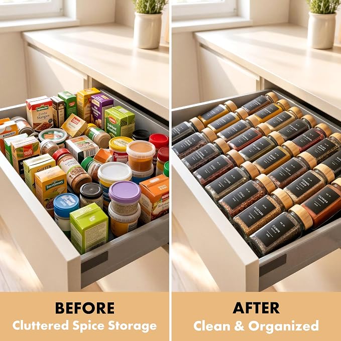 EDELHAUS Glass Spice Jars with Label, 24x Bamboo Wooden Lids - Black Labels | Airtight Lids keep spices fresh, Kitchen Spice Drawer Organizer, 4oz Seasoning Containers incl. Funnel, Brush & 240 Labels