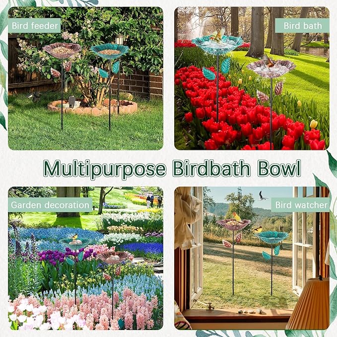 2 Pack Bird Baths for Outdoors, Vintage Metal Bird Bath for Outside, Hummingbird Bath with Five Stakes, Garden Flower Small Birdbath for Garden Decor, 31.3" H x 10.63" Dia (Bronze,Vintage Green)