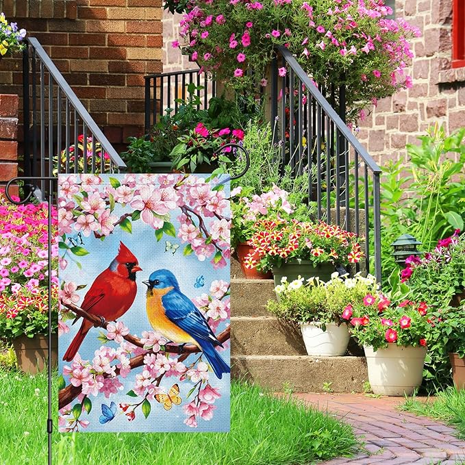 Heyfibro Spring Summer Cardinal Garden Flag 12x18 Double Sided Burlap, Bluebird & Cherry Blossom Flower Yard Banner for Rustic Seasonal Outdoor Decoration (ONLY FLAG)