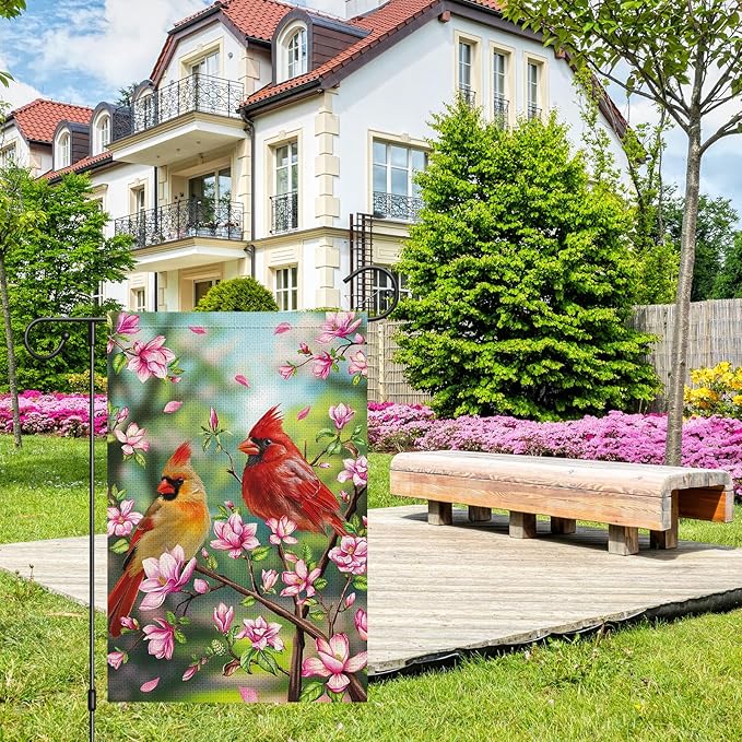 Heyfibro Spring Cardinal Garden Flag Spring Summer Magnolia Flower Garden Flags 12x18 Inch Double Sided Burlap Red Bird House Welcome Flag for Seasonal Farmhouse Yard Outdoor Decor(ONLY FLAG)