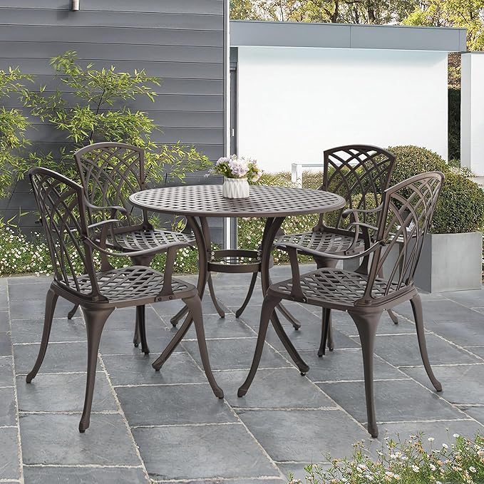 NUU GARDEN 5 Piece Outdoor Patio Dining Set, All-Weather Round Cast Aluminum Dining Table with 1.97"" Umbrella Hole and Outdoor Patio Dining Chairs for Patio, Garden, Backyard, Balcony, Bronze