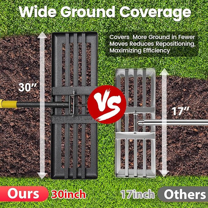 Lawn Leveling Rake - Heavy Duty 30" x 10" Lawn Leveler,Anti-Flip Edge, Adjustable 6FT Handle, Folding Plate for Yard, Soil, Sand, Topsoil,Gravel - Garden Ground Top Dressing,Landscaping tool