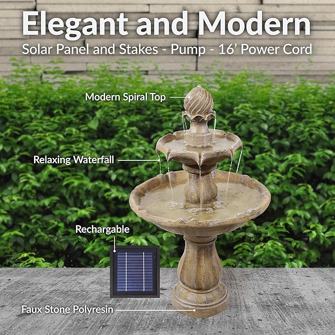 Sunnydaze 35" Solar 2-Tier Outdoor Water Fountain - Garden Water Feature with Battery Backup and Pump - Earth