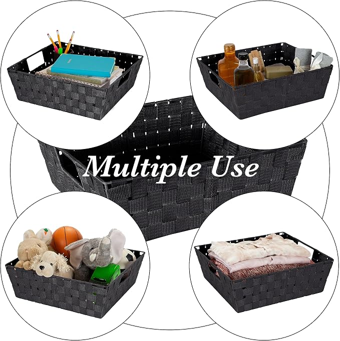 Simplify Large Shelf Woven Strap Tote,Decorative Storage Basket,Built in Handles,Organization,Closet,Bedroom,Bathroom,Nursery,Accessories,Toys,Gifts, Black (Pack of 12)