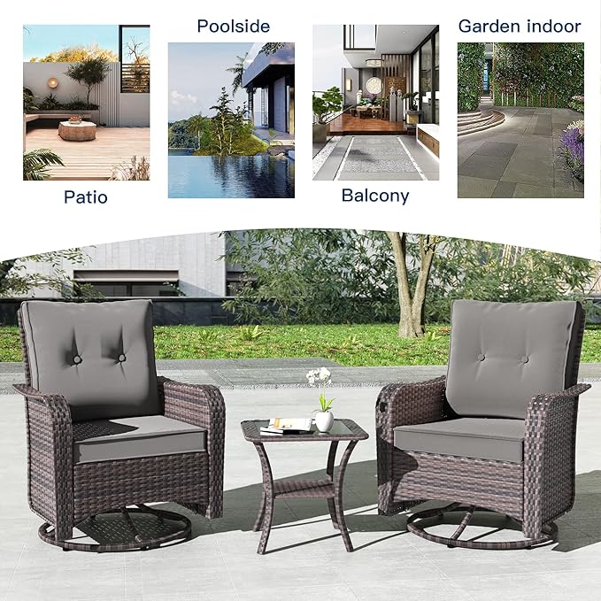Kullavik 3 Pieces Patio Furniture Set,Outdoor Swivel Rocking Chairs Porch Furniture Patio Rattan Chairs with Table,, Grey