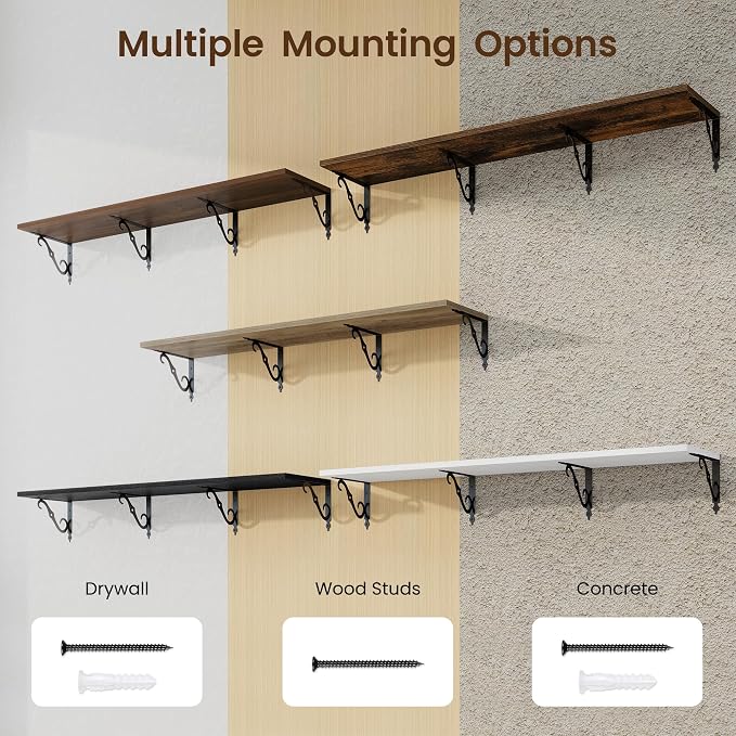 RICHFOCUS 12 Inch Deep Floating Shelves for Wall, 55" W x 12" D Wood Wall Shelves Set of 2, Wide Floating Shelves for Living Room, Bedroom, Kitchen, Bathroom and Decor Storage, Rustic Brown