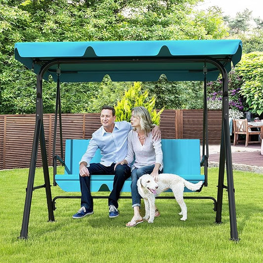 GARTOO 3-Seat Patio Swing Chair, Outdoor Porch Swing with Adjustable Canopy and Durable Steel Frame for Patio, Garden, Poolside(Turquoise)