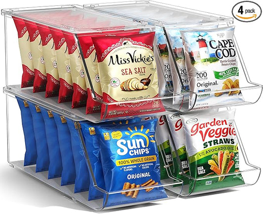 Sorbus Stackable Snack Organizer Bins Open Front – Clear Pantry Storage Bins for Chips, Snacks & Food Pouches – Kitchen Pantry Organizer (4 Pack)
